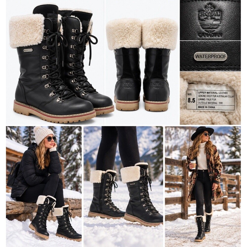 Royal Canadian Louise Waterproof Shearling Leather Snow Boots Women’s 8.5 Black